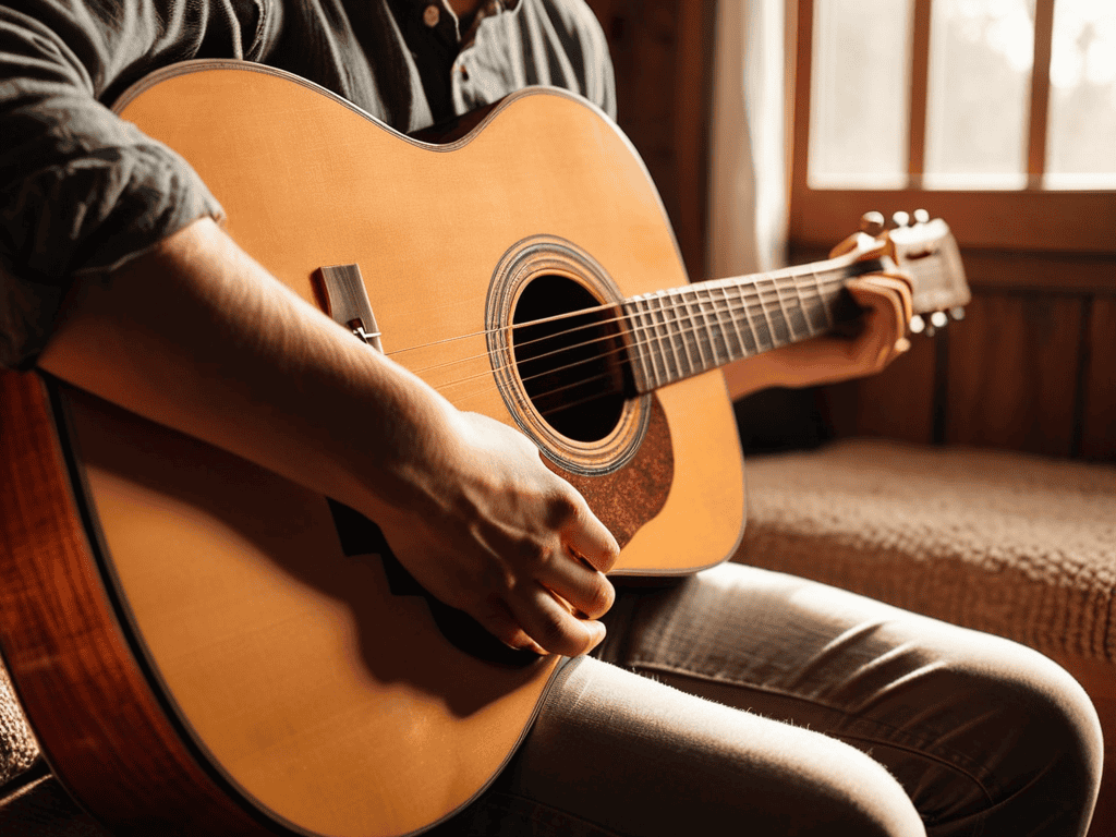 The Melodic Muse plays guitar